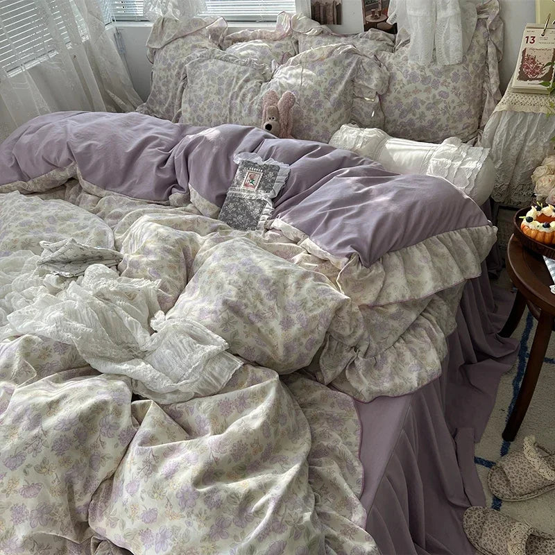 Princess Style Floral Ruffles Bedding Set Skin-friendly Soft Duvet Cover Set Bed Sheet Or Bed Skirt Pillowcases