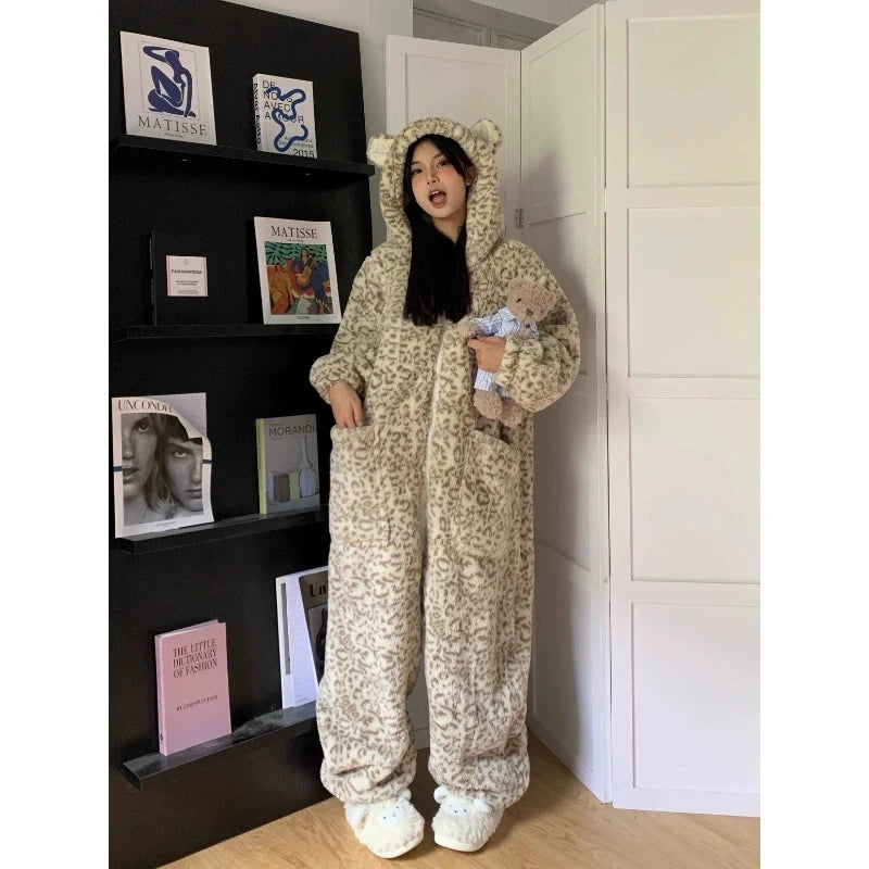 Leopard Hooded Onesie Flannel Pochets Overall Slippers Set