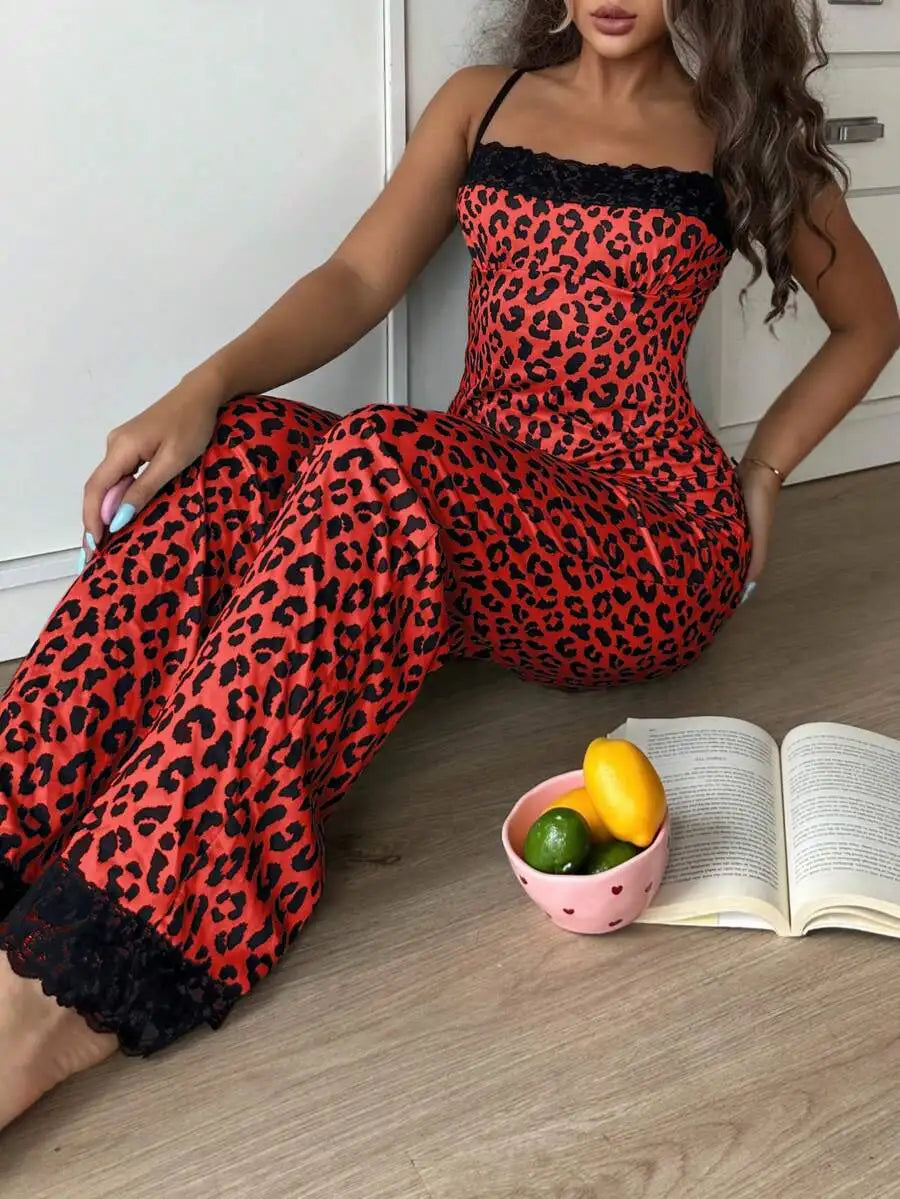 Leopard Print Lace Trim Pajama Set for Women - Silk-Like Satin Sleepwear