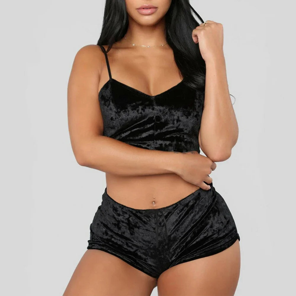 Velvet Polyester Comfortable V Neck Underwear Crop Top + Shorts Pajama Set