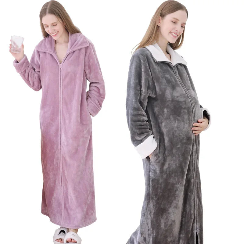 Ultra Long Thick Warm Bathrobe Thermal Flannel with Zipper