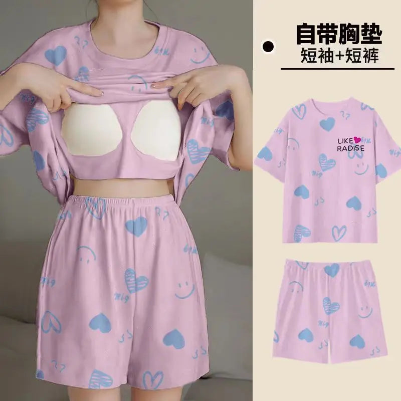 Pajama 2Pcs/Sets Short Tops and Shorts with Chest Pad