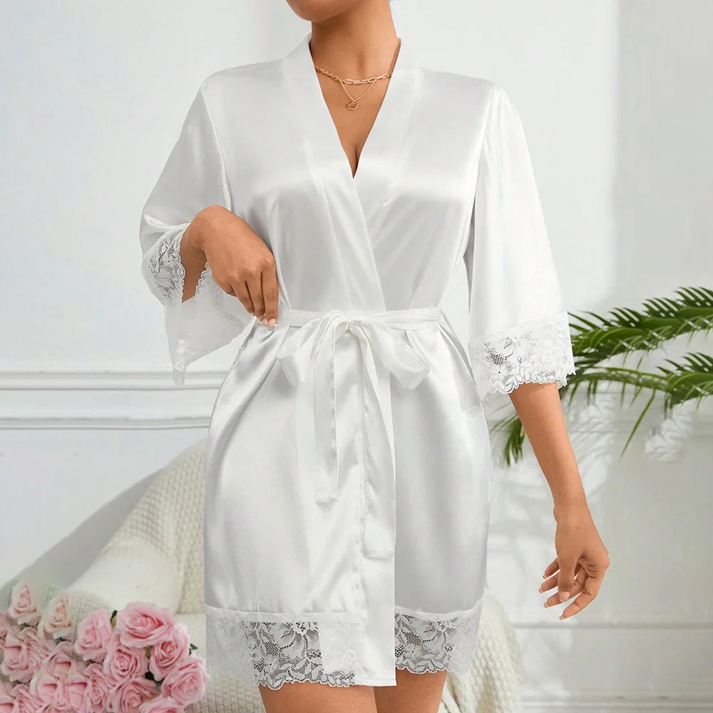 Ladies Elegant Satin Robe Lace Trim Kimono V Neck Belted Nightgown