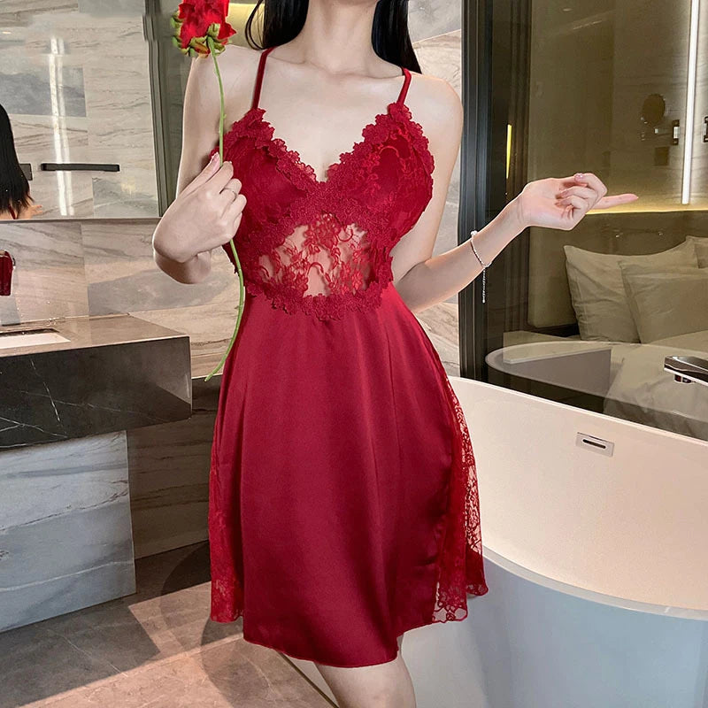 Sexy Camisole Nightgown Satin Deep V Backless Luxury Sleepwear