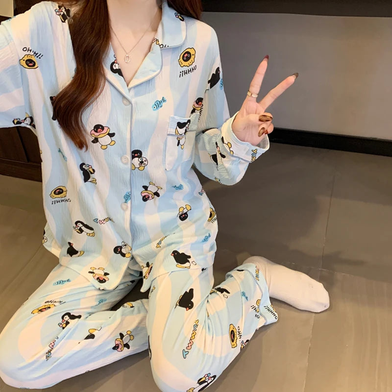 Cartoon Cute Penguins Blue White Striped Milk Silk Sleepwear