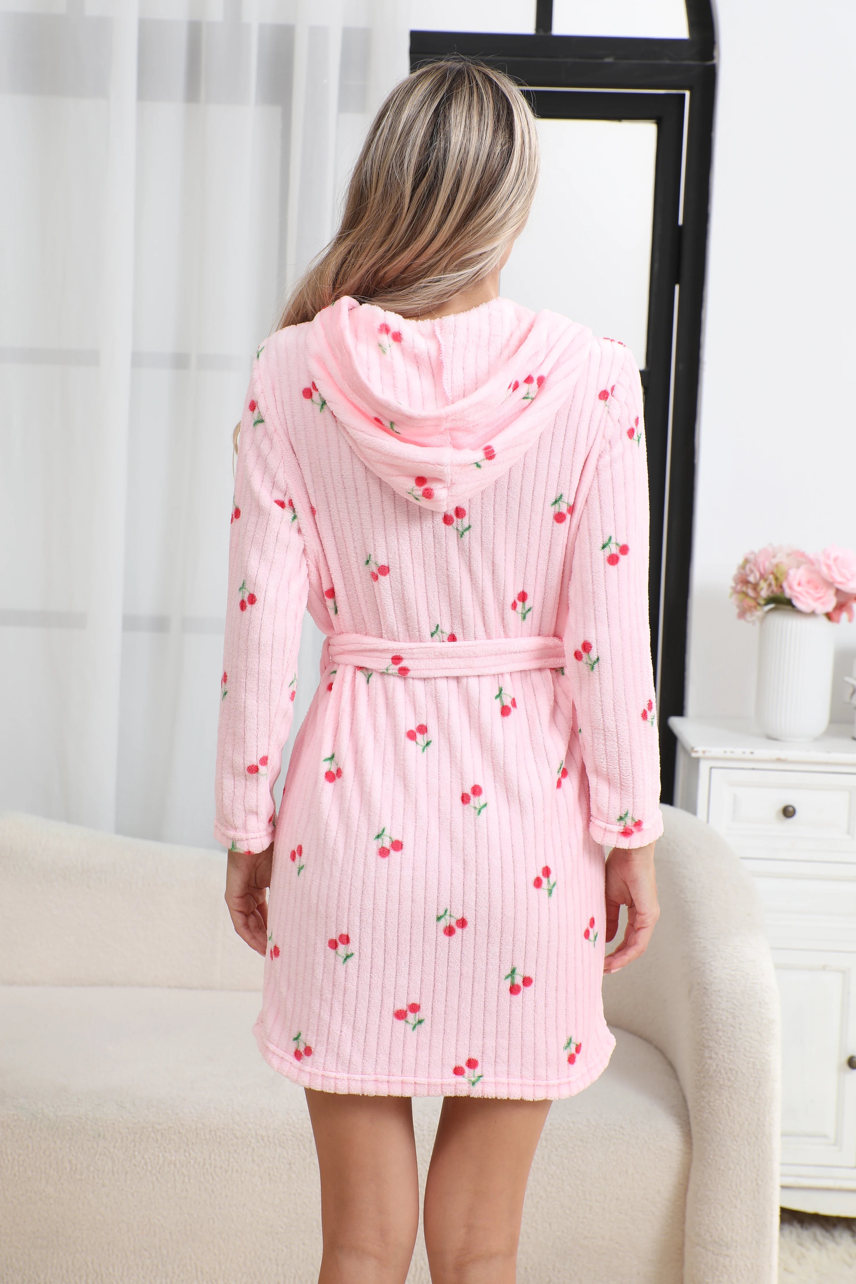 Pink Cherry Design Cardigan Bathrobes with a Simple Belt