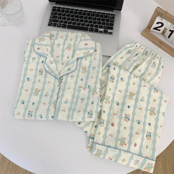 Cute Print Women's Pajamas Set Long Sleeve Tops and Pants Loungewear