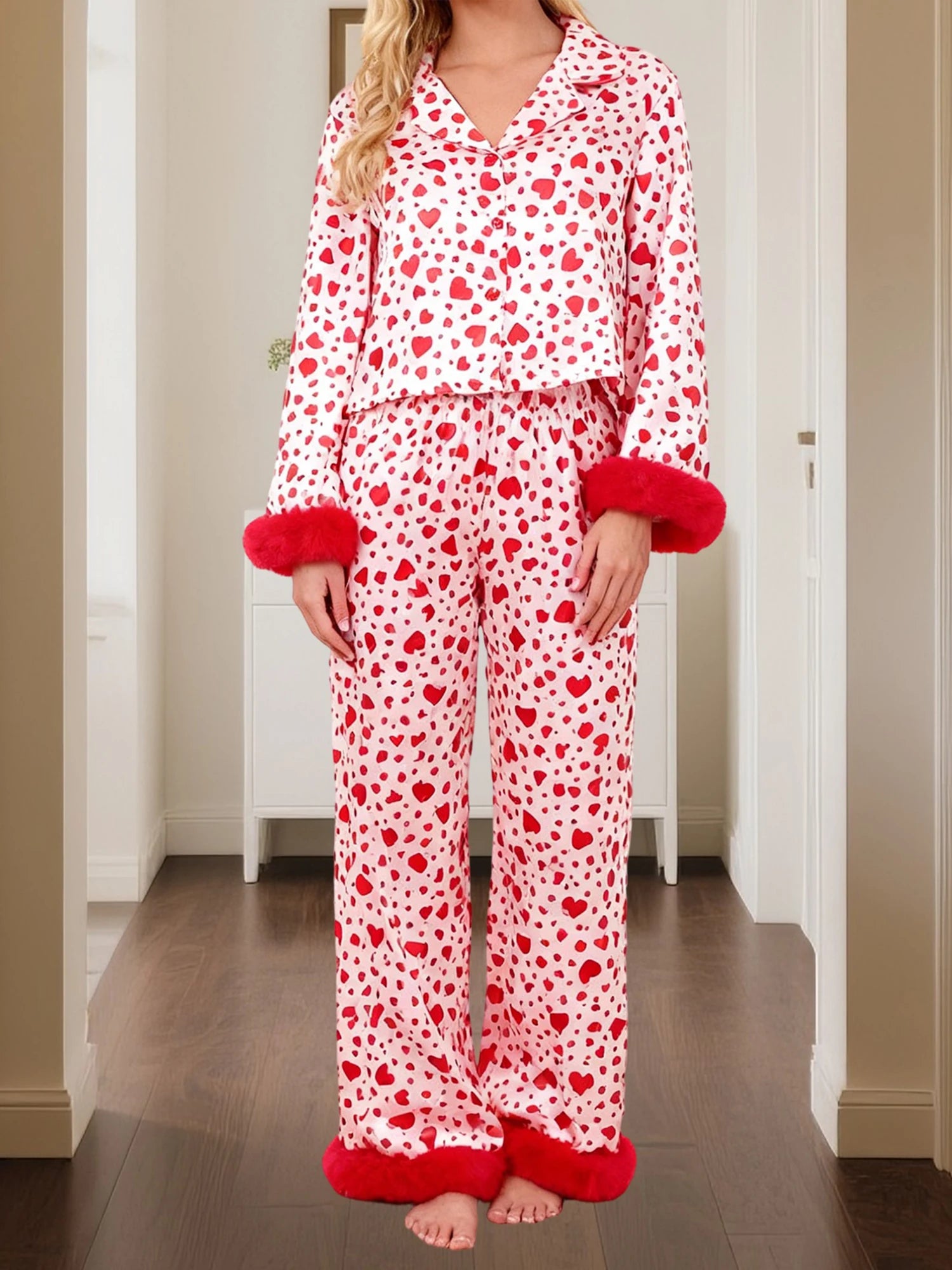 Heart Print Long Sleeve Button Up Top and Pants Lounge Wear Two-piece Set