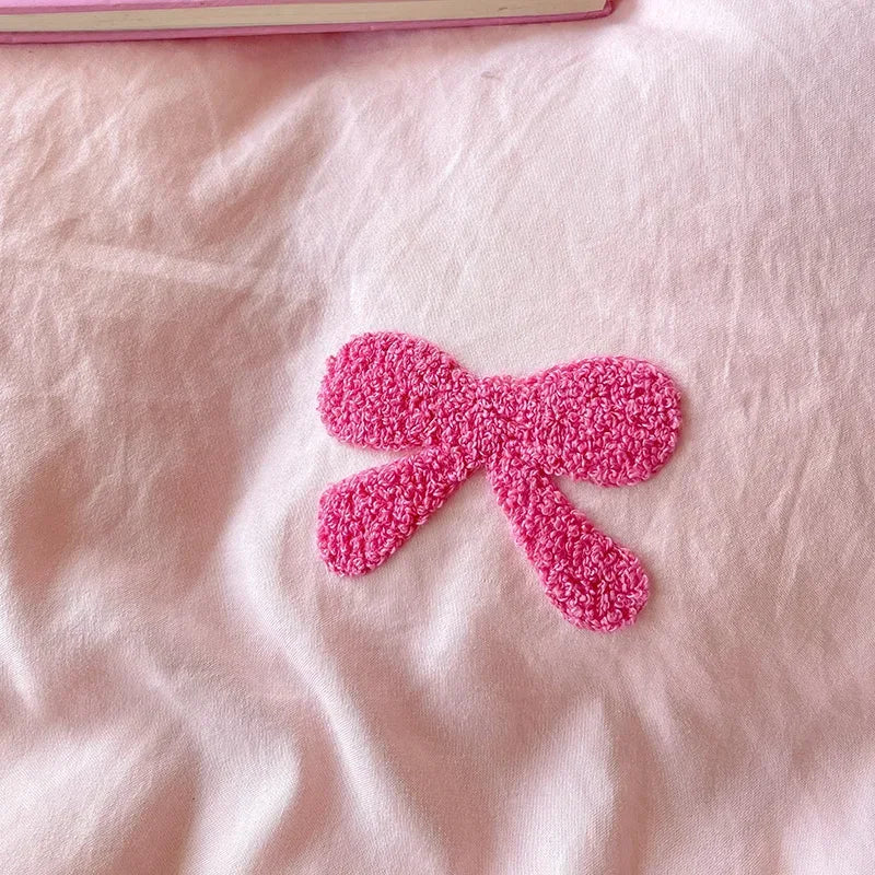 3D Embroidered Bow Quilt Set Cotton Pink Comfortable Soft Bedding