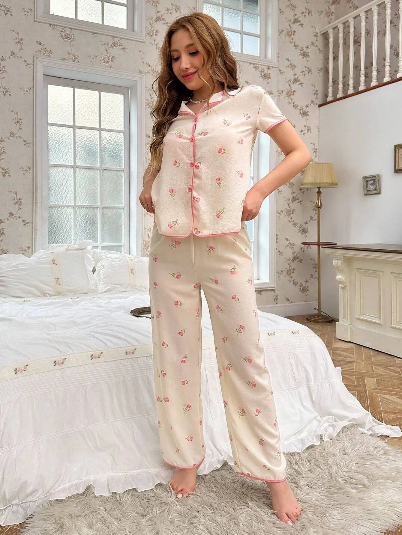 Women's Floral Print Pajama Set with Pink Trim Soft Cotton Blend & Loose Fit