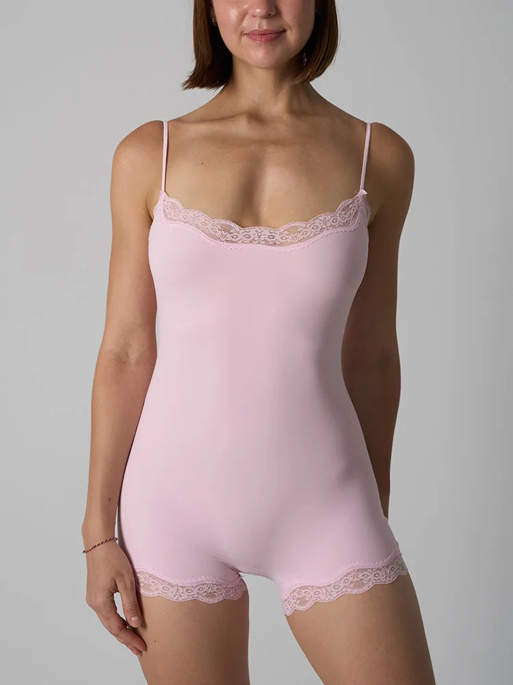 Sexy Lace Patchwork Camisole Square Neck Spaghetti Strap Onesie