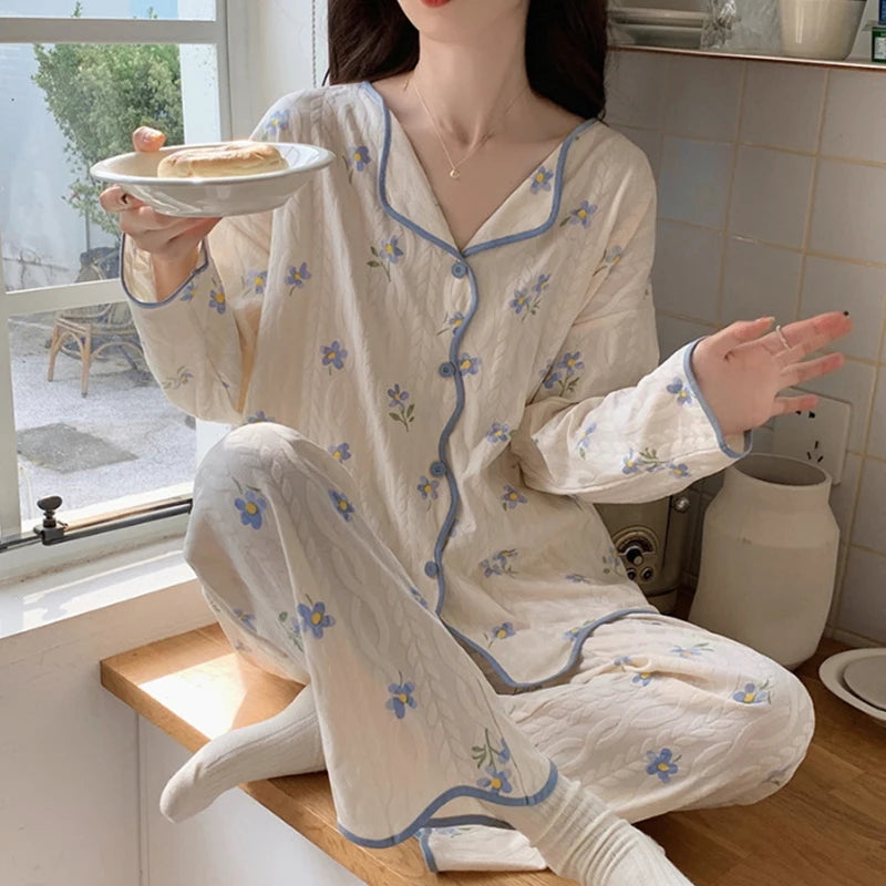Long Sleeve Cardigan Style Jacquard Blueberry Strawberry Orange Breathable Stretch Women's Pajamas
