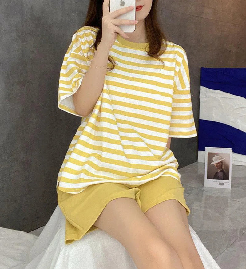 Oversized Women Striped Short Sleeve Shorts Two-piece with Self Chest Pads