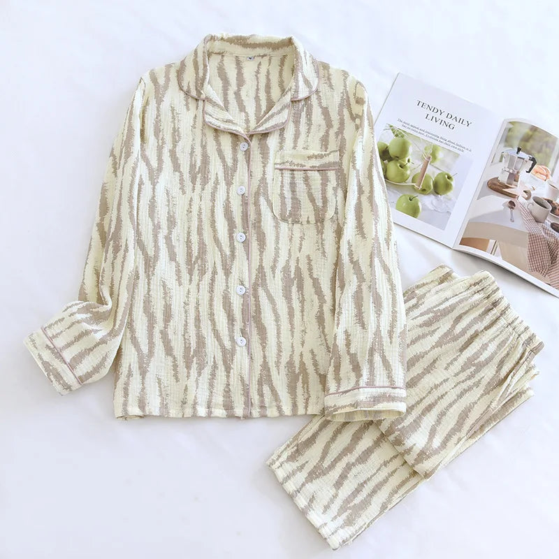 Ladies 100% Cotton Crepe Long sleeved Pants Two-piece Cute and Sweet Set