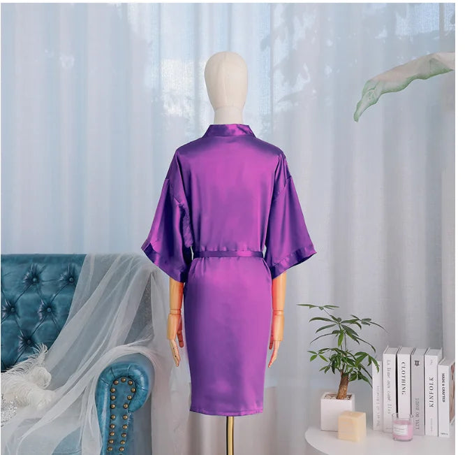 Ladies Bride- style Morning 3/4 Sleeve Loose Female Silk Satin Kimono Lingerie Gown