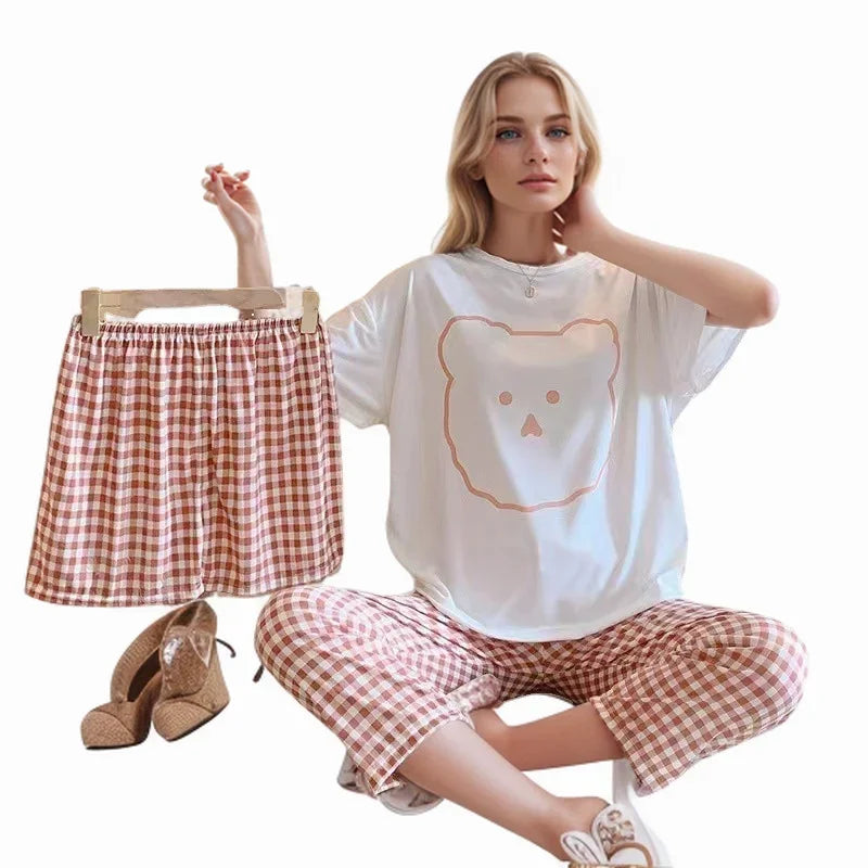 Large Size Short-Sleeved Loose 3PCS/Set Pajamas
