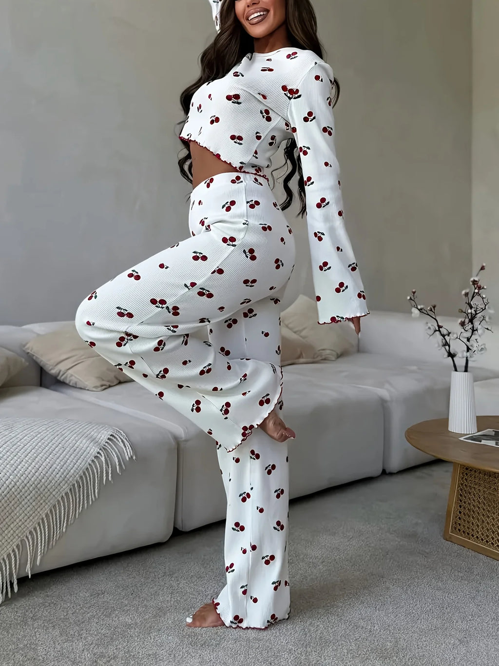 Y2K-Style Two-piece Cherry/Heart Print Cuffed-Long-Sleeve Tops and Long Trousers