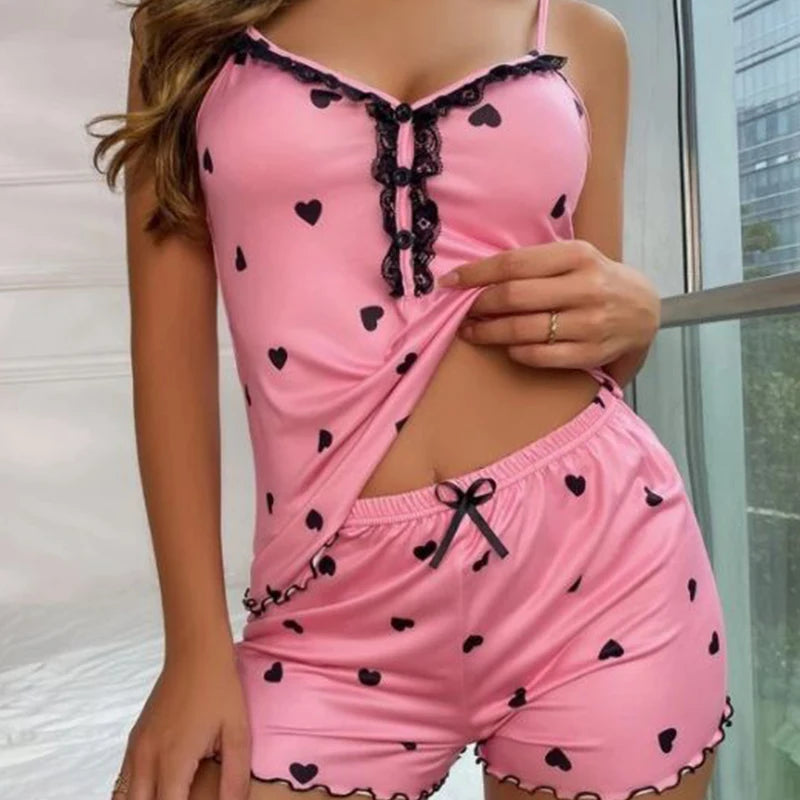 Sexy Summer Two Pieces Deep V-Neck Sleeveless Top And Short Nightwear