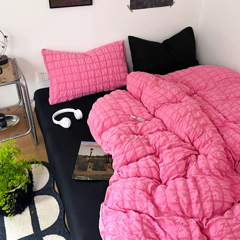 Puffy Check Bubble Fabric Set Duvet Pillowcase Bedding Sheet Quilt Cover Set
