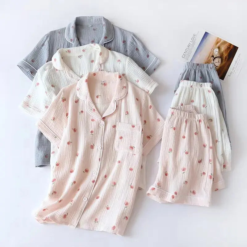 Ladies Short-sleeved Shorts 100% Cotton Crepe Cloth Thin Home Service Two-piece Set