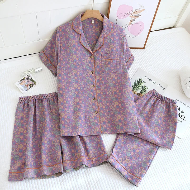 Short Sleeve Gauze Cotton Pyjamas Summer New Three-pieces Floral Nightwear