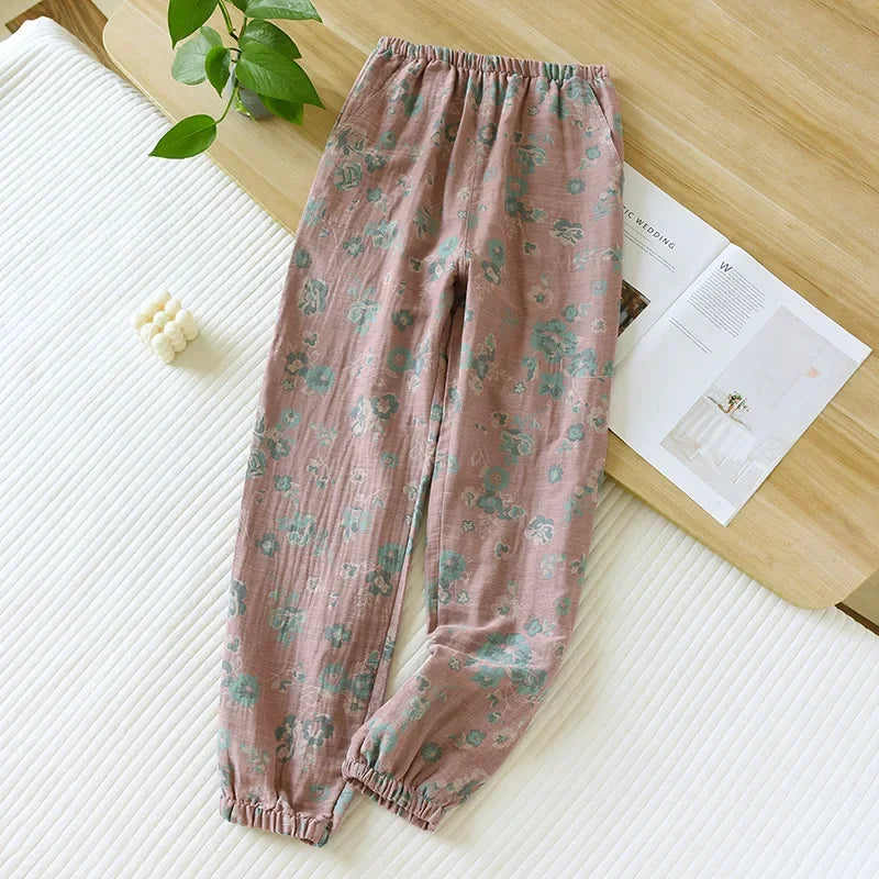 Jacquard Cute and Fresh Flower Pants 100% Cotton Loose Closing Home Pants