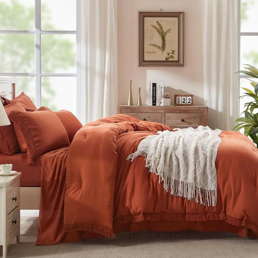 King Size Comforter Set with Sheets Burnt Orange 7 Pieces Bed in a Bag Boho Soft Lightweight Bedding Sets,l Terracotta Rust Tasse