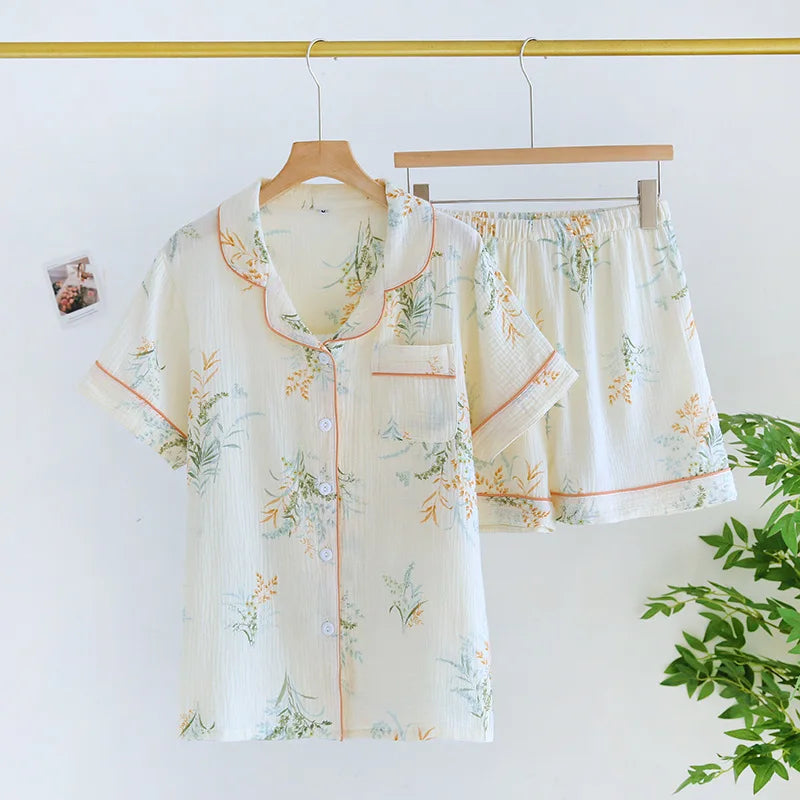 Japanese Short-sleeved Shorts Two-piece Ladies Cotton Crepe Cute Fresh Loose Set