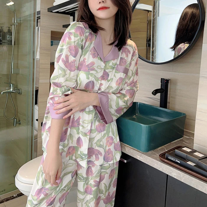 Silk Two Pieces Top & Pants Elegant Print Soft Sleepwear