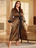 Plus Size Silk Robe Leopard Print Long Sleeve V-Neck Belted Elegant  Nightgown
