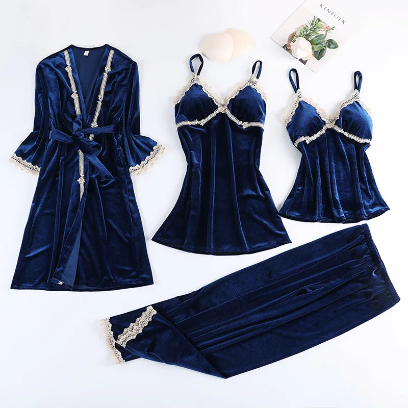 Lace Velvet 4 Pieces Women Warm Pajamas Sets With Pants Sexy Robe Sleepwear Sleeveless Nightwear