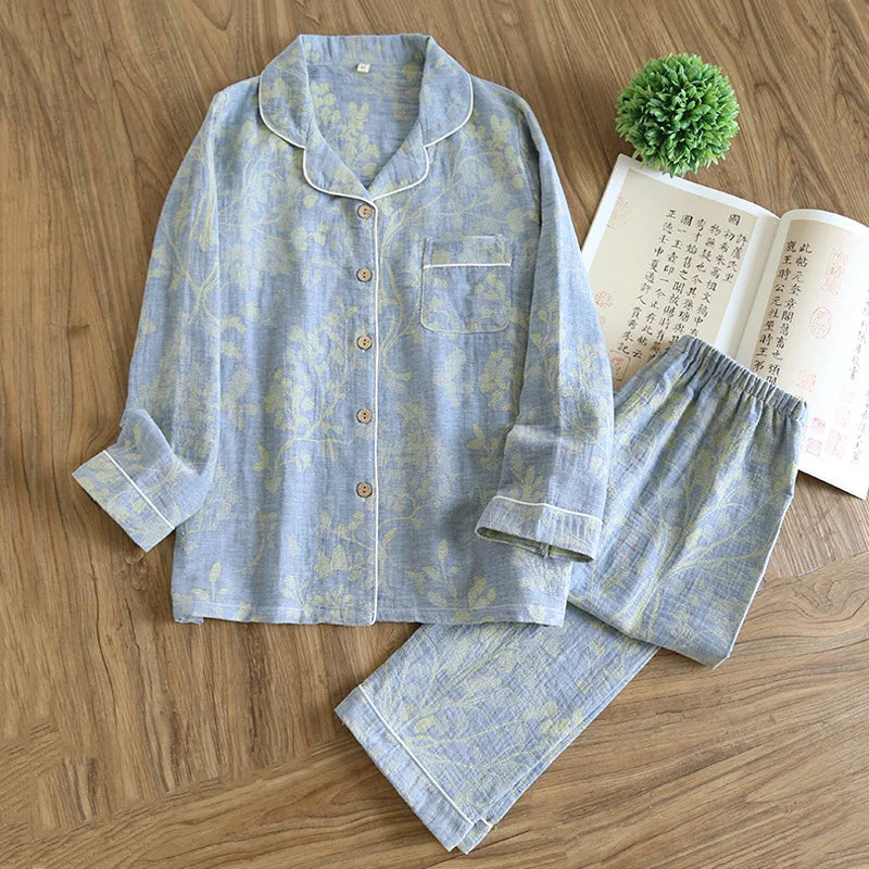 Spring 100% Cotton Gauze Retro Color Knitted Long Sleeve Two Piece Pajama Set
