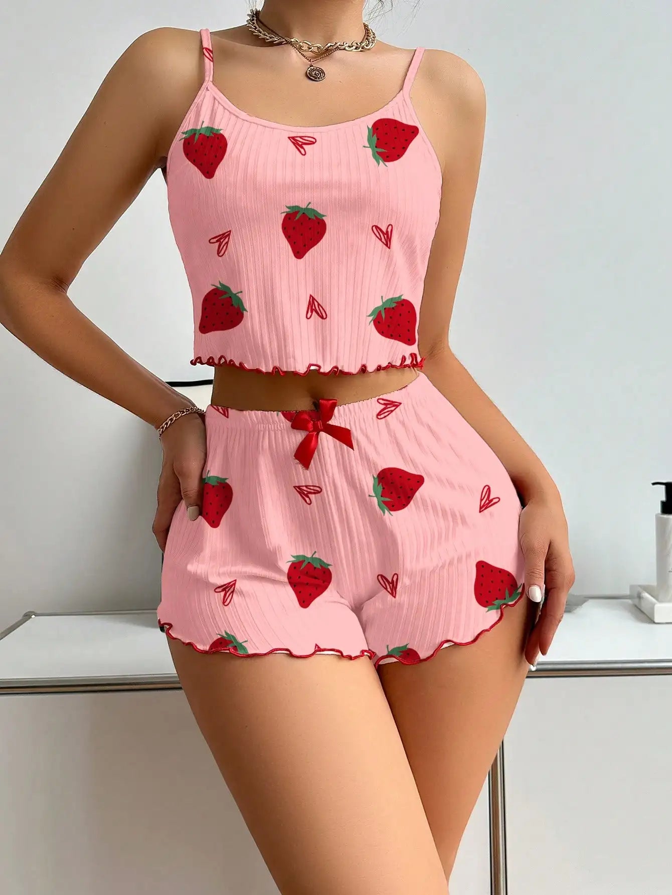 Strawberry Print Ribbed Knit Ice Silk Camisole Pajama Set