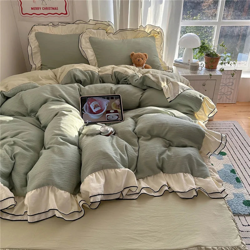 Princess Style Ruffles Bedding Set Skin-friendly Soft Duvet Cover Set Bed Sheet Or Bed Skirt Pillowcases 3/4Pcs
