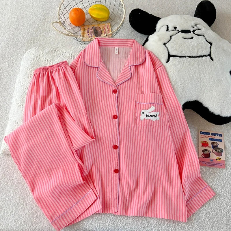 Embroidery Letter Striped Rabbit Print Long Sleepwear Two-piece Women's Pajamas