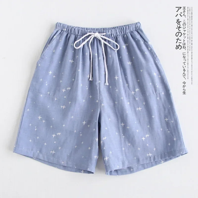 Lattice Style Pure Cotton Gauze Shorts with Simple Elastic Waist