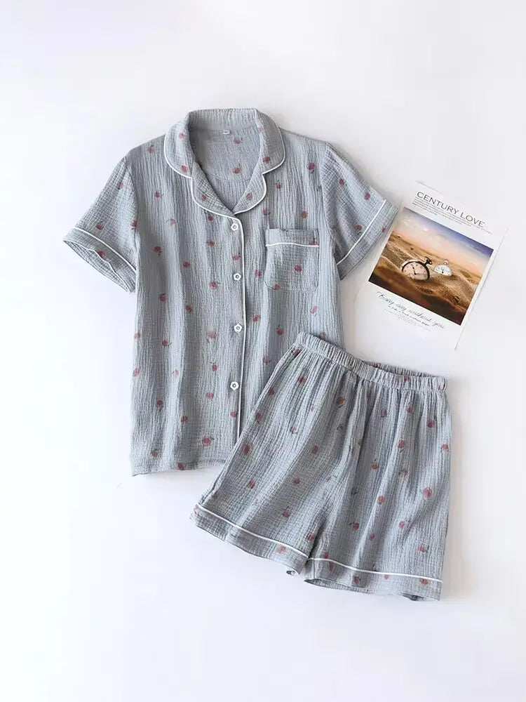 Ladies Short-sleeved Shorts 100% Cotton Crepe Cloth Thin Home Service Two-piece Set