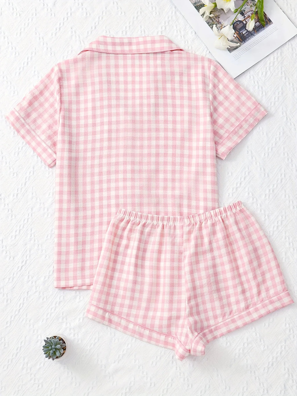 Ladies Plaid Print Casual Pajama Set Short Sleeve Collar Top and Shorts