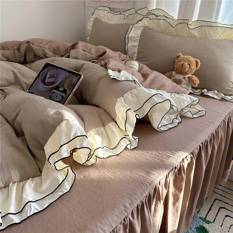 Princess Style Ruffles Bedding Set Skin-friendly Soft Duvet Cover Set Bed Sheet Or Bed Skirt Pillowcases 3/4Pcs