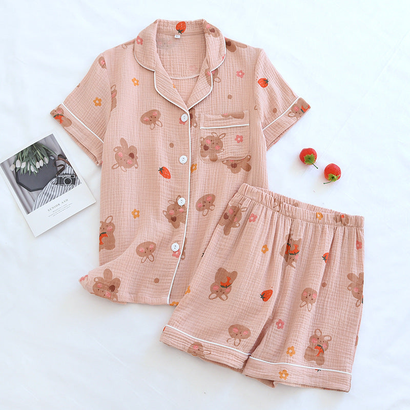 Japanese Short-sleeved Shorts Two-piece Ladies Cotton Crepe Cute Fresh Loose Set