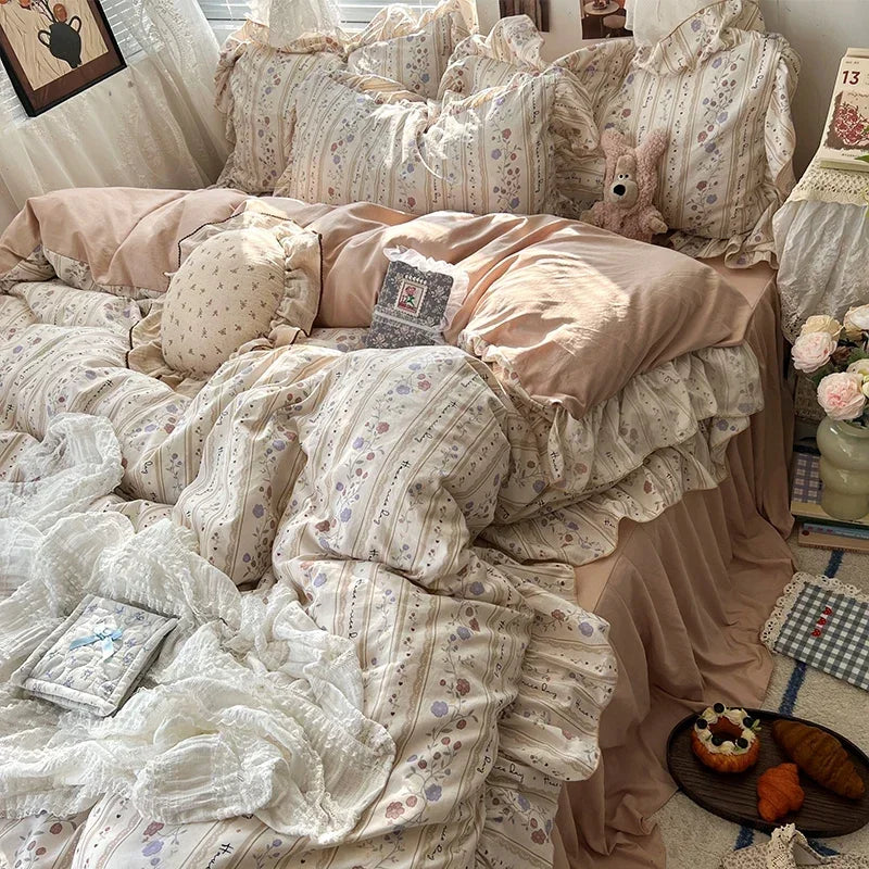 Princess Style Floral Ruffles Bedding Set Skin-friendly Soft Duvet Cover Set Bed Sheet Or Bed Skirt Pillowcases