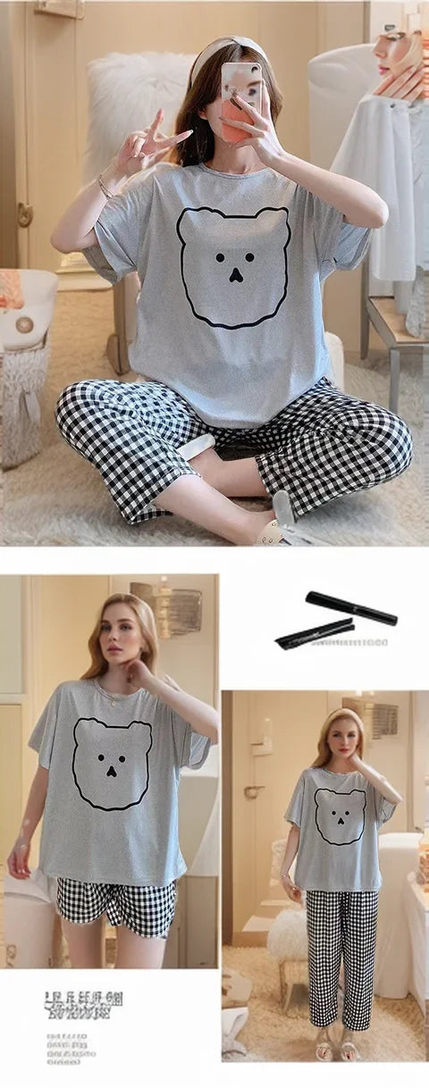 Large Size Short-Sleeved Loose 3PCS/Set Pajamas