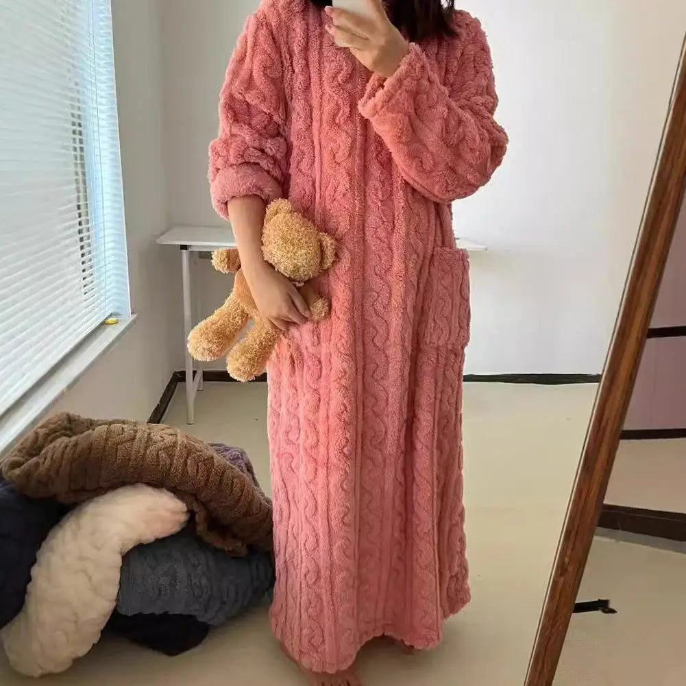 Velvet Women's Long Sleeve Double Pocket Flannel Loose Solid Sleepwear