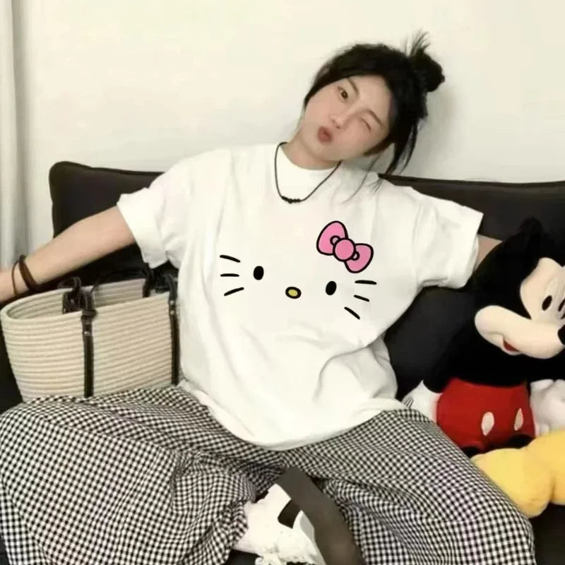 Hello Kitty Cartoon Loose Cute Round Neck Casual Cotton Short Sleeved T-shirt