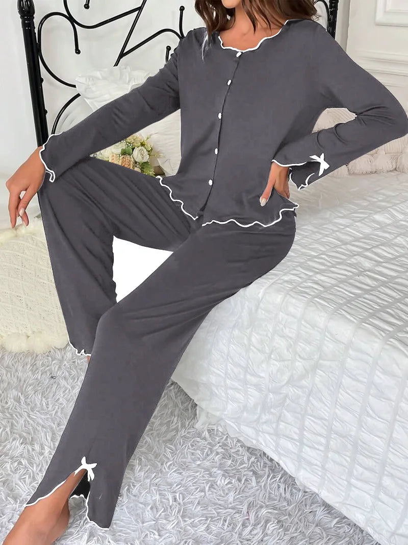 Long Sleeve Solid T-shirt with Pants Loose Loungewear