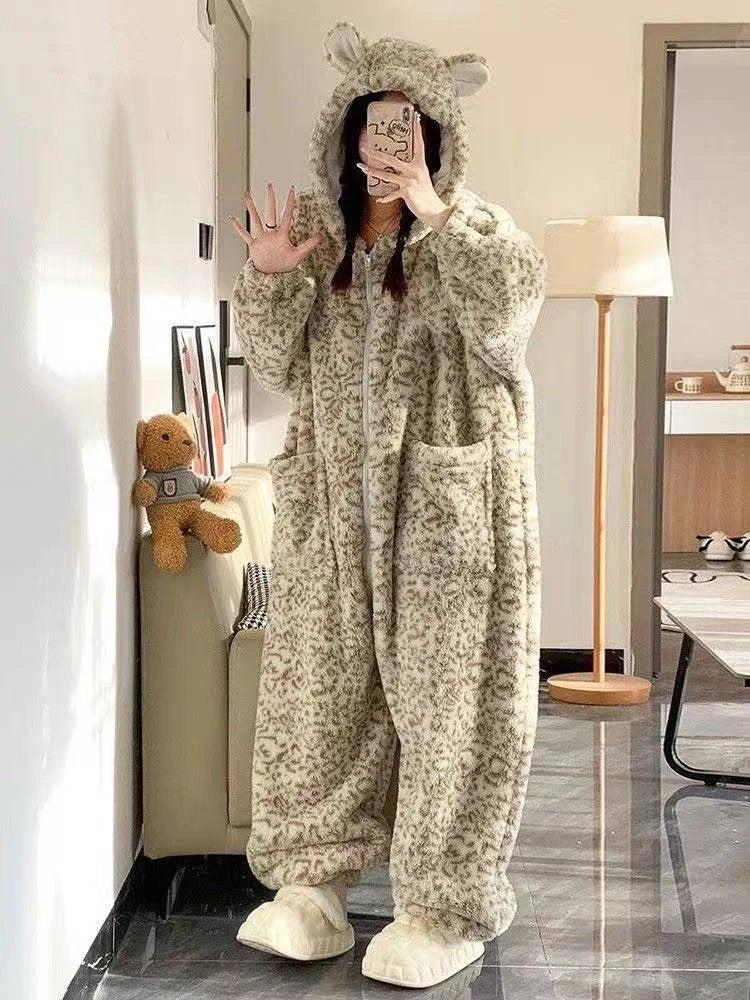 Leopard Hooded Onesie Flannel Pochets Overall Slippers Set
