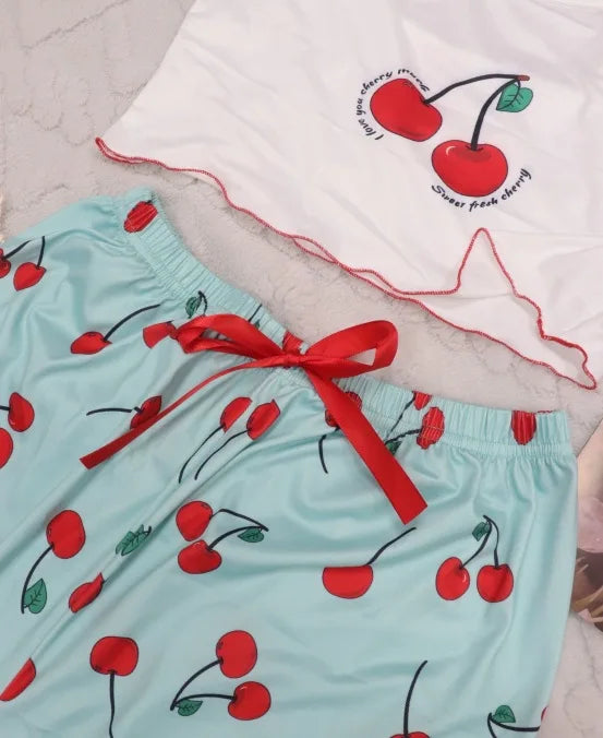 Y2K Coquette Cherry Print Pajama Cami Crop Top Pants Two Piece Loungewear