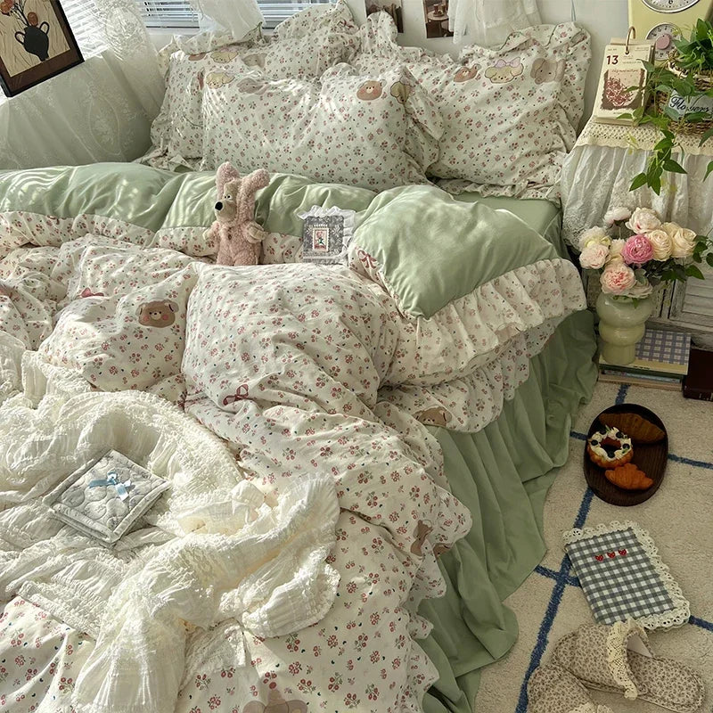 Princess Style Floral Ruffles Bedding Set Skin-friendly Soft Duvet Cover Set Bed Sheet Or Bed Skirt Pillowcases
