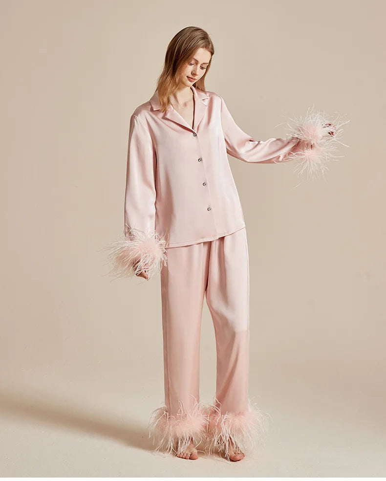 Luxury Feathers 2Pcs Silk Satin Long Sleeve Trouser Elegant Home Wear