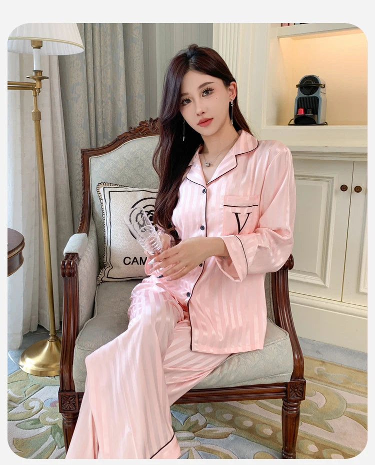Women's Silk Pajama Set Long Sleeve Long Pants Lightweight Sleepwear for Comfortable Homewear Pj Set